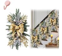 Artificial Christmas Teardrop Swag for Stair Decoration, Cordless Stairway Teardrop Trim Wreath with Lights, Rustic Xmas Garland with Bowknot Berries Ball Ornaments