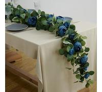 Artificial Peony Garland, 1.7M/5.6FT Artificial Green Plants with Navy Blue Peony, Peony Eucalyptus Vine for Wedding Party Home Table Runner Decor