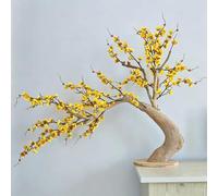 Artificial Yellow Wintersweet Tree, Curved Fake Plum Blossom Bonsai Natural Solid Wood Trunk Tabletop Simulation Floral Decor for Home Tea Room Desk Ornament(4.5M)