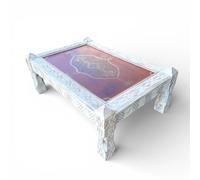ARTIGIANATO VULCANO Table basse marocaine en bois massif de cèdre sculpté, café table artisanale avec plateau peint à la main, style Boho Chic ethnique, 120 x 80 x 42 cm