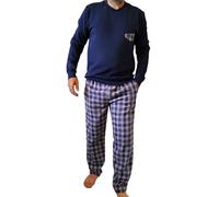 ARTIGIANI DEL PIGIAMA Pyjama d'hiver pour homme 100 % chaud coton et flanelle doux et respirant col rond fabriqué en Italie long, Bleu marine Cadres, M