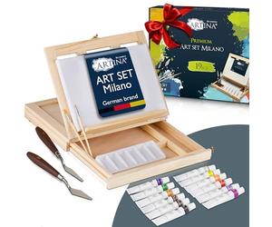 Artina 19pcs Kit Peinture Acrylique avec Coffret en Bois - Coffret Peinture Enfant avec Malette Chevalet Table, Toile, 12x12 ml Couleurs Acryliques, Pinceau - Kit pour Débutants & Artistes - Milano