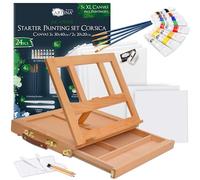 Artina 25pcs Kit Peinture Acrylique Corsica Chevalet de Table Colmar - Set Peinture 5 Châssis, 8 Peintures Acryliques, Pinceaux, Palette Peinture & Chevalet Hêtre avec Tiroir Rangement Outils Peinture