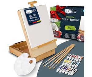 Artina 28 pcs. Kit Peinture Acrylique dans Coffret en Bois Florence - 18x12ml Peintures Acryliques avec Chevalet de Table, Toiles & Pinceaux - Set Peinture Acrylique pour Débutants & Artistes