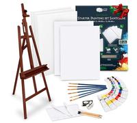 Artina 30 pcs Kit Peinture Acrylique avec Chevalet Bois Noyer - Set Santorini avec Chevalet Réglable jusqu’à 120 cm, 5 Toiles, 12 Couleurs, Pinceaux, Spatules - Coffret Créatif Débutants Artistes