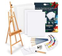 Artina 30 pcs Kit Peinture Acrylique avec Chevalet Bois - Set Santorini avec Chevalet Réglable jusqu’à 120 cm, 5 Toiles, 12 Couleurs 12 ml, Pinceaux, Spatules - Coffret Créatif pour Débutants Artistes