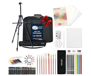 Artina Michelangelo Kit XXL Avec Chevalet 122pcs - Grand Set Peinture Acrylique, Crayons, Toile, Pinceaux, Aquarelles, Craies Pastels - Pour Tout Âge