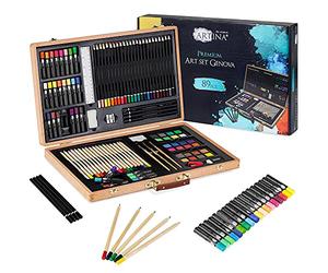 Artina set de peinture XXL 89 pièces avec coffret en bois dessin crayons | kit acrylique aquarelle crayons craies pinceaux enfant cadeau Noël mallette artiste couleur Débutant Genova