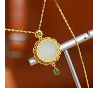 Artisanat Gold Inlaid Naturel Jade Hetian Jade Ronde Collier Pendentif Lady Silver Bijoux (Gem Color : Necklace 45CM)