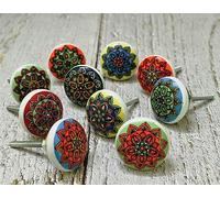 ARTISNO - Lot de 10 boutons ronds en céramique pour armoire - Motif floral multicolore boho peint à la main - Poignées d'armoire de cuisine et de commode brillantes (3,8 cm de diamètre)