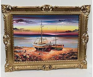 Artissimo Tableau avec cadre doré Motif bateau à voilier Impression d'art dans un cadre baroque Bateau de pêcheur, mer, mer, mer, mer, paysage Tableau encadré Tableau de bord de mer