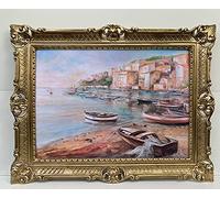 Artissimo Tableau avec cadre doré - Motif village de pêcheur - Impression d'art - Bateau de pêche - Mer - Eau - Paysage - Tableau encadré - Décoration murale - Style baroque