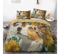 Artistic Style Parure de lit 3 pièces en microfibre douce imprimée chien et tournesol avec taie d'oreiller, pour lit double ou king-size (01, 200 x 200 cm + 50 x 75 x 2)