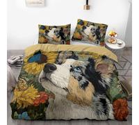 Artistic Style Parure de lit 3 pièces en microfibre douce imprimée chien et tournesol avec taie d'oreiller, pour lit double ou king-size (03 240 x 220 cm + 80 x 80 x 2)