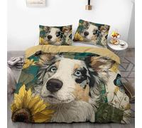 Artistic Style Parure de lit 3 pièces en microfibre douce imprimée chien et tournesol avec taie d'oreiller, pour lit double ou king-size (02, 135 x 200 cm + 50 x 75 x 2)