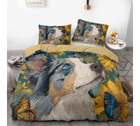 Artistic Style Parure de lit 3 pièces en microfibre douce imprimée chien et tournesol avec taie d'oreiller, pour lit double ou king-size (04, 135 x 200 cm + 80 x 80 x 2)