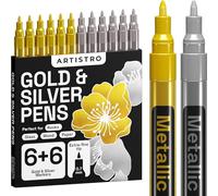 Artistro 12 Feutres Acryliques Métalliques pour Roche, Pierre, Céramique, Verre, Bois, Tissu, Toile, Métal, Scrapbooking, Lot de 6 Marqueurs Or et 6 Argent à Base d'Eau à Pointe Extra-Fine de 0,7 mm