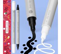 Artistro 2 Feutres Acryliques Noir & Blanc Double Pointe (1mm + 5mm) pour Tissu, Toile, Pierre, Verre, Bois, Papier, DIY, Marqueurs pour Enfants et Adultes.