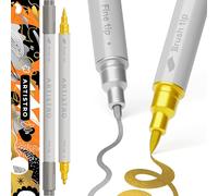 Artistro 2 Gold and Silver Acrylic Paint Pens, Acrylic Paint Markers Dual Tip (Brush + Fine 1 mm), Markers for Fabric, Canvas, Rock, Glass, Wood, Paper, DYI, Markers for Kids and Adults