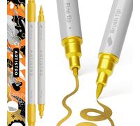 Artistro 2 Stylos de Peinture Acrylique Dorée, Double Pointe (Pinceau + Fine 1 mm), Marqueurs Acryliques pour Tissu, Toile, Pierre, Verre, Bois, Papier, DIY, pour Enfants et Adultes