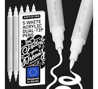 Artistro 5 stylos de peinture acrylique blancs à double pointe - Pinceau 1-5 mm + pointe fine 1 mm - Marqueurs multisurfaces pour tissu, verre et plus
