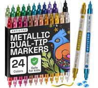 Artistro Lot de 24 stylos de peinture acrylique de couleurs métalliques, marqueurs de peinture acrylique à double pointe (fine 1 mm + point 5 mm) marqueurs acryliques pour tissu, toile, roche, verre,