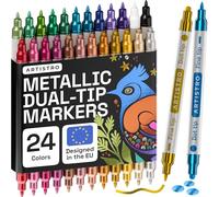 Artistro Lot de 24 stylos de peinture acrylique de couleurs métalliques, marqueurs de peinture acrylique à double pointe (fine 1 mm + point 5 mm) marqueurs acryliques pour tissu, toile, roche, verre,