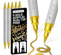 ARTISTRO Lot de 5 stylos de peinture acrylique à double pointe dorée - Pinceau de 1 à 5 mm + pointes fines de 1 mm - Marqueurs multi-surfaces pour tissu, verre, etc
