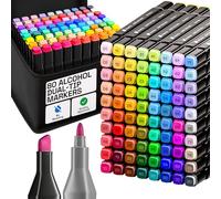 Artistro Lot de 80 Marqueurs à Double Pointe à Base d’Alcool - Pointe Biseautée et Fine, Séchage Rapide, Inclus Étui de Transport