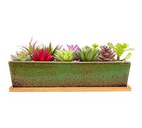 ARTKETTY Grand Pot de Fleurs rectangulaire en céramique de 30,5 cm avec Plateau de Drainage, pour Cactus d'intérieur, Plantes succulentes, bonsaï Peu Profond, décoration de Jardin (Vert)