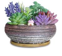 ARTKETTY Grand Pot de Fleurs Rond juteux de 20,3 cm avec Drainage Bol en Bambou Pots en céramique émaillée pour bonsaï d'intérieur et d'extérieur Jardins décoratifs