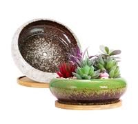 ARTKETTY Lot de 2 Grands Pots de Plantes succulentes avec Drainage, Pots de bonsaï Peu Profonds avec Plateaux, récipient en céramique pour Plantes de Cactus d'intérieur et d'extérieur
