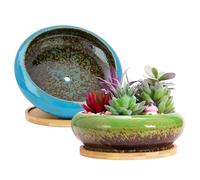 ARTKETTY Lot de 2 Grands Pots de Plantes succulentes avec Drainage, Pots de bonsaï Peu Profonds avec Plateaux, Bol en céramique pour Plantes de Cactus d'intérieur et d'extérieur