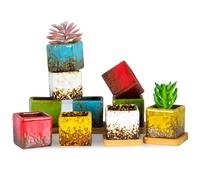 ARTKETTY Lot de 5 Pots de Fleurs en céramique avec Plateau de Drainage, Petits Pots de Jardin carrés émaillés pour Cactus, Fleurs, Herbes, 5 cm, Parfaits pour Rebord de fenêtre ou Bureau