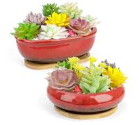 ARTKETTY Pots de Fleurs en céramique avec Plateau de Drainage en Bambou, 1 Pot de Fleurs rectangulaire + 1 Pot de Fleurs Rond pour intérieur (Rouge)