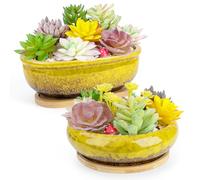 ARTKETTY Pots de Fleurs en céramique avec Plateau de Drainage en Bambou, 1 Pot de Fleurs rectangulaire + 1 Pot de Fleurs Rond pour intérieur (Jaune)