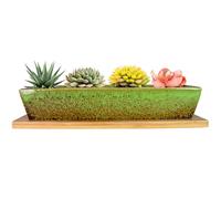ARTKETTY Pots de Plantes succulentes rectangulaires en céramique de 9,8 Pouces de Long avec Drainage, Petit Pot de Cactus à Fleurs avec Plateau Bonsai Plant Window Box pour intérieur/extérieur