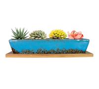 ARTKETTY Pots de Plantes succulentes rectangulaires en céramique de 9,8 Pouces de Long avec Drainage, Petit Pot de Cactus à Fleurs avec Plateau Bonsai Plant Window Box pour intérieur/extérieur