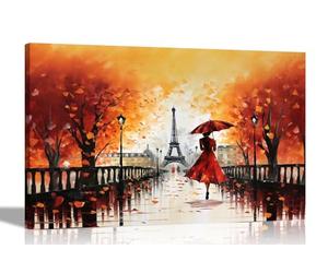 Artley Prints - Calm Of The Rain in Paris Orange Extra Large Tableaux sur Toile pour mur Salon Chambre Couloir Abstrait City 101 x 76 cm
