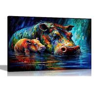 Artley Prints - Hippopotame dans l'étang avec bébé abstrait sur toile pour salon, chambre à coucher, couloir ou cuisine - Impressions colorées grand format 86 x 61 cm A1