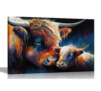 Artley Prints - Loving Highland Cow And Infant Tableaux sur toile colorée pour salon - Art mural pour chambre à coucher, couloir - Impressions modernes XL 101 x 76 cm