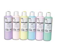 Lot de 6 flacons 250ml d'acrylique. Assortis pastel : Violet, Beige, Jaune, Bleu, Rose, Vert
