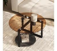 Artloge Table Basse Ronde en Verre 2 Niveaux pour Salon Chambre, Cadre en Fer, Plateau Vintage en Verre Trempé et Pierre, 80D x 80W x 46.5H cm