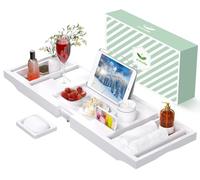 Artmalle Plateau de Baignoire Extensible et Pliable pour Baignoire, en Bambou, Accessoires de Baignoire avec Support de Livre et Porte-Savon Gratuit, Blanc