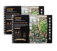 ARTME A4 Blocs de médias mixtes 2pcs, 30 feuilles 200 g/m², reliure spirale, avec lignes de coupe déchirantes, carnet de croquis pour dessin et peinture