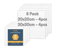 ARTME Toile à Peindre pré-étirée 8pcs (20x20CM- 4pk, 30x30CM- 4pk) - Toile carrée encadrée d'artiste/ 280GSM/ 100% coton/triple apprêt/sans acide/grain moyen / 1.7cm - acrylique/huile