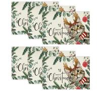 Artoid Mode Holly - Lot de 6 sets de table de Noël - Motif : fleurs d'eucalyptus et chat - Lavables - 30 x 45 cm - Pour vacances, banquet, cuisine, décoration de fête