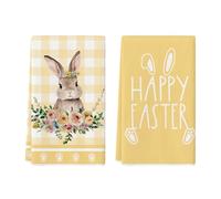 Artoid Mode Lot de 2 torchons de cuisine, en polyester, motif à carreaux de buffle, motifs lapins et fleurs, 42 x 65 cm, jaune