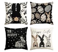 Artoid Mode Lot de 4 housses de coussin décoratives pour canapé, salon, 45 x 45 cm, noires, motif de lapin, feuilles, œufs de Pâques, de Pâques