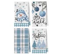 Artoid Mode Lot de 4 torchons de cuisine, en microfibre, absorbants, 42 x 65 cm, bleus, motif de bonhomme de neige, arbre, boule de Noël, pour décoration de cuisine